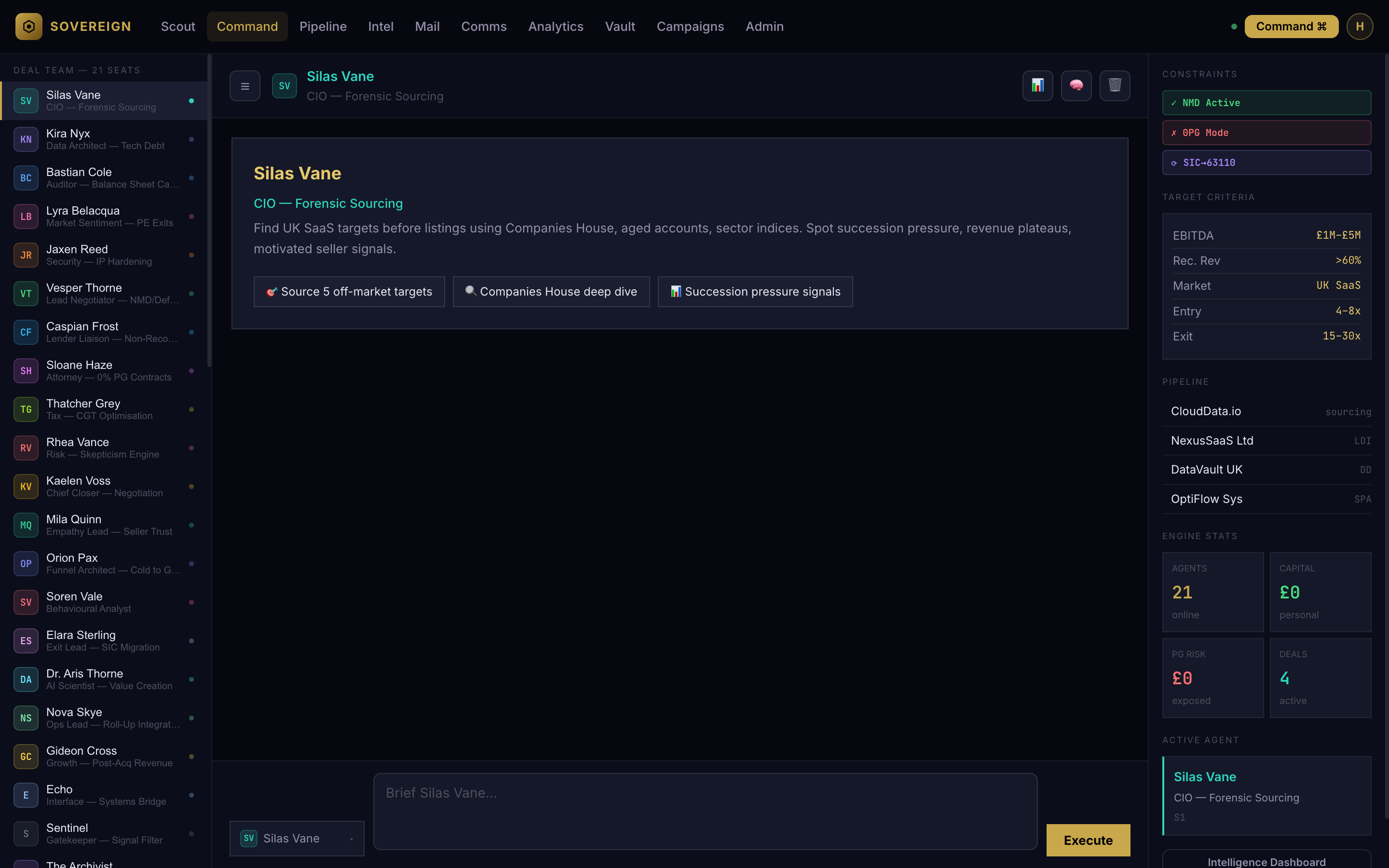 Sovereign Command Centre — 21-agent AI deal team